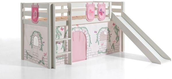 Vipack Spielbett 'PINO' inkl. Rutsche, weiß 90x200 cm, mit Textilset 'Birdy' mit Vorhang und 3 Taschen