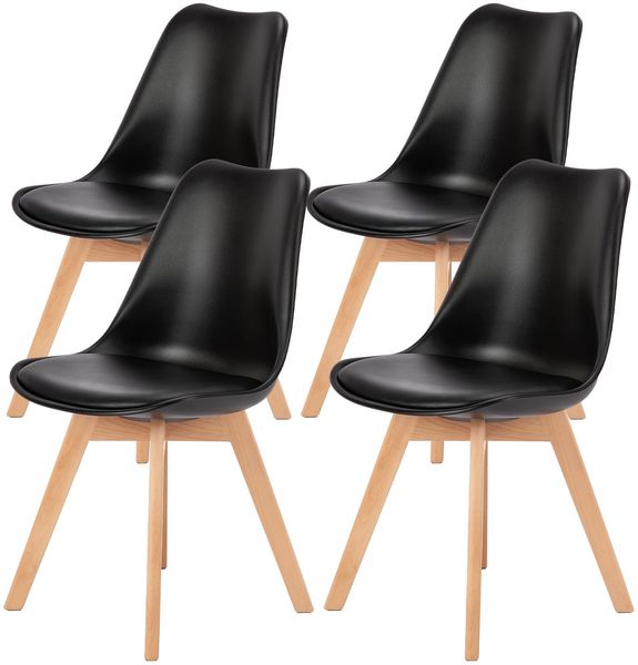 Sweetrcrispy Esszimmerstühle 4er Set, Mid-Century Modern, PU-Leder Polsterstühle mit Holzbeinen, Küchen- & Esszimmer, Schwarz