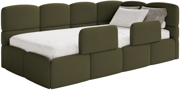 Selsey 'Cloudy' Jugendbett rechts, Matratze & Rausfallschutz, Bouclé Olivgrün, 90x200 cm