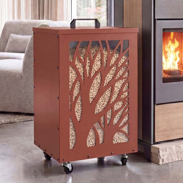 Pelletbehälter HWC-Q30 Bäume, Pelletbox Aufbewahrungsbox für z.B. Tierfutter, Rollen Füße 64 x 36 x 36 cm ~ kupferfarben