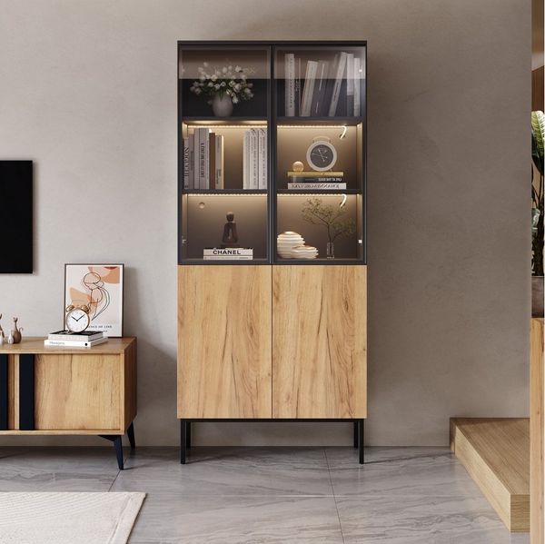MODFU Vitrine LED-Vitrine, Pop-Up-Glastüren (Hochschrank, Standvitrine, Highboard, 1-St, 5-stöckige) mit LED-Leuchten