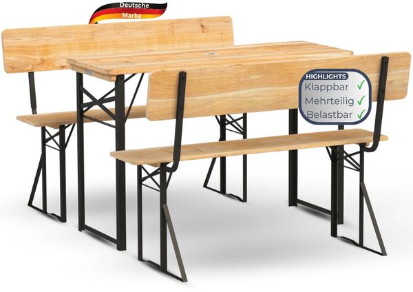 Bierzeltgarnitur mit Lehne klappbar Holz 120cm klein RINHO - 3 Teilig | 2x Bierbank 1x Biertisch | Festzeltgarnitur Biertisch Stehtisch Sitzgarnitur