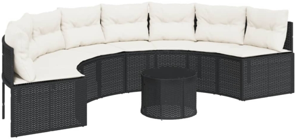 vidaXL Gartensofa mit Tisch und Kissen Halbrund Schwarz Poly-Rattan 3318517