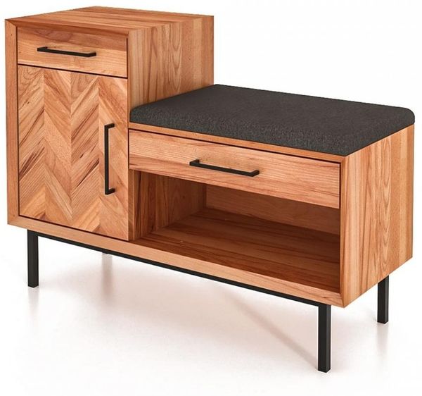 Kommode Seiba Kernbuche massiv 97x36x70 Fischgrät Tür 2 Schubladen 1 Fach Stoff