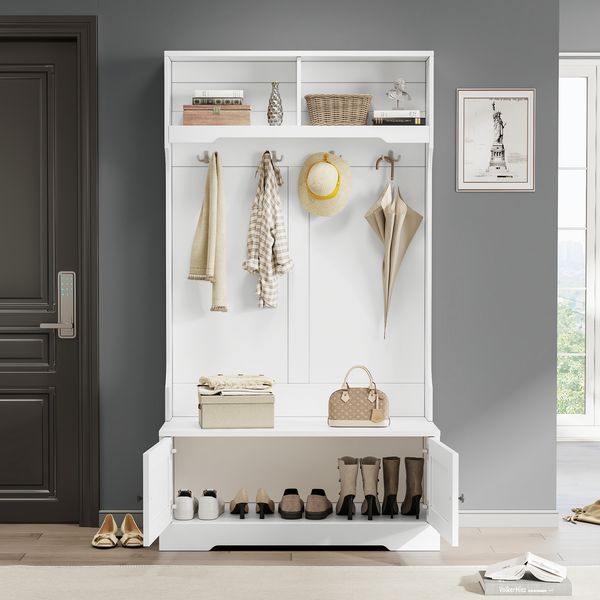 Flurschrank, Garderobenschrank mit Sitzbank, weiß, 101,5x37x183 cm (BxTxH), mit Haken & Stauraum