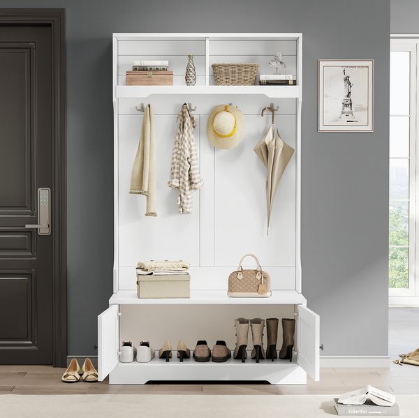 Flurschrank, Garderobenschrank mit Sitzbank, weiß, 101,5x37x183 cm (BxTxH), mit Haken & Stauraum