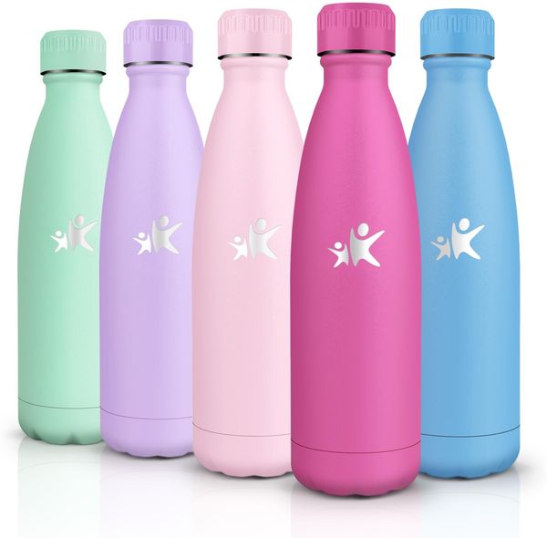 Trinkflasche Edelstahl, Trinkflasche Kinder, 500ML BPA-frei, Thermosflasche, Wasserflasche Doppelwandig, Trinkflaschen Kohlensäure Geeignet, Thermosflasche Sport für Fitness, Gym, Fahrrad