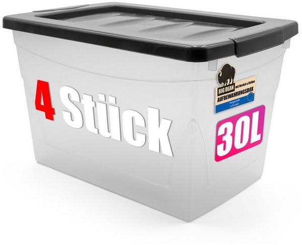 BigDean Aufbewahrungsbox 4x 30 L Aufbewahrungsbox mit Deckel Budget Line Plastikbox mit Deckel (Set, 4 St, Aufbewahrungsbox mit Deckel), BPA-Frei, Praxisnahes Durchdachtes Design, Langlebig