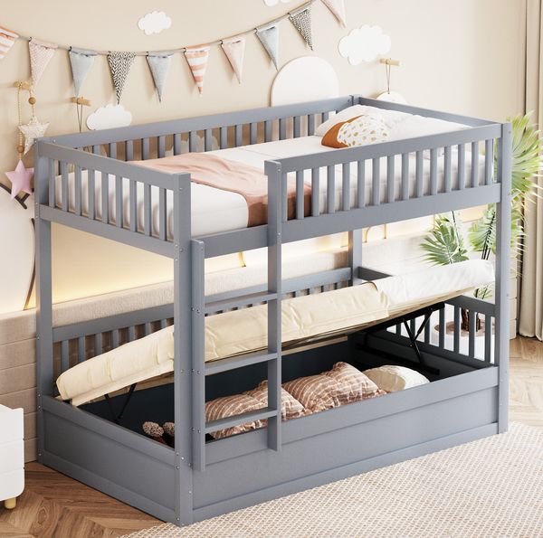 Etagenbett 90x200 cm aus Massivholz in Grau – Kinderbett mit hydraulischem Stauraum