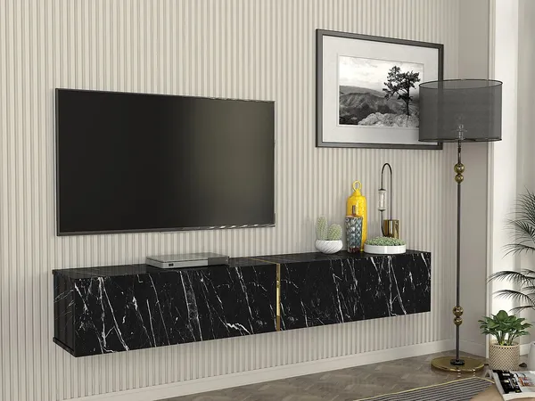 Vente-unique - DINOMA TV unit Holz, Platte Schwarz - B 31,7 cm x H 30 cm x L 181,8 cm