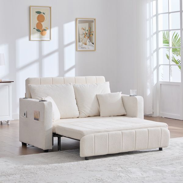 Schlafsofa mit Aufbewahrungstasche & 4 Kissen, Klappsofa aus Chenille, platzsparendes 2-in-1 Sofa Bett,Beige