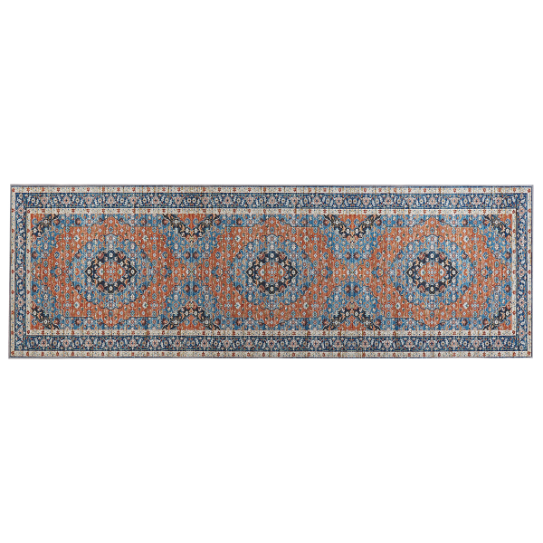 Teppich blau orange 80 x 240 cm orientalisches Muster Kurzflor MIDALAM