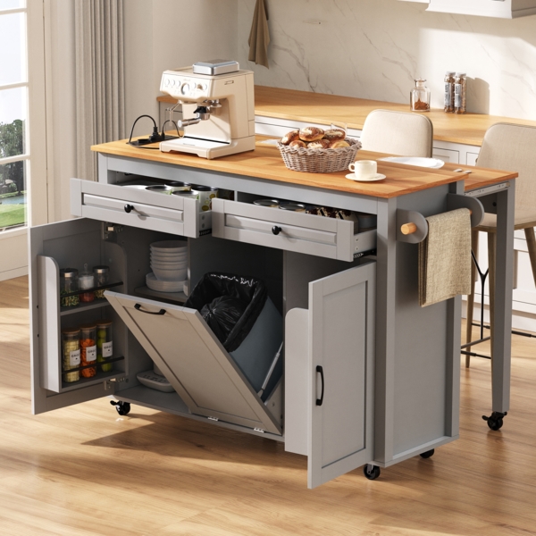 Kücheninsel auf Rollen,Ausziehbarer Essbereich Kücheninsel mit Arbeitsplatte und Abfallbehälterfach Mobile Kücheninsel freistehend mit Steckdosenleisten Ideal für Küche und Esszimmer,Grau,