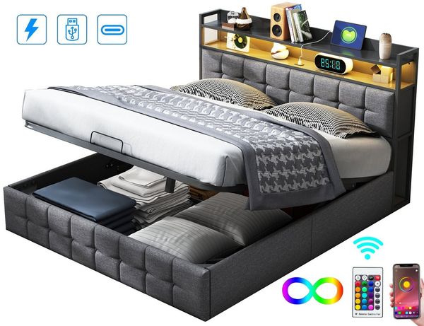 FUROKOY Polsterbett Doppelbett Stauraumbett Hydraulisch anhebbarer mit LED Beleuchtung, 140x200 cm,Stauraum,Gepolstert,Weich und bequem,Leinenmaterial,Grau