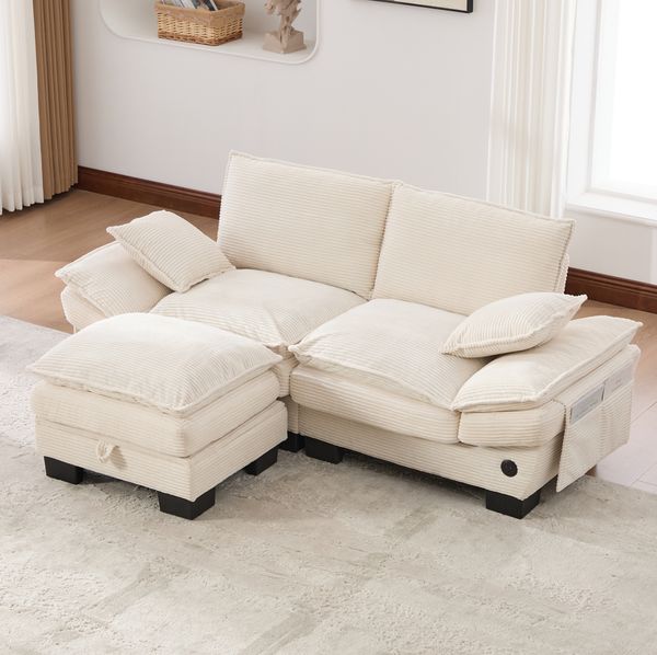 2-Sitzer Sofa aus Cord mit Hocker & USB-C-Anschluss, 190 x 132 x 84 cm, Beige