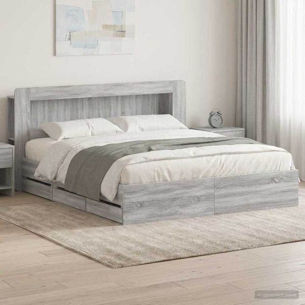 vidaXL Bettgestell mit Stauraum Grau Sonoma 200 x 200 cm Holzwerkstoff 3434072
