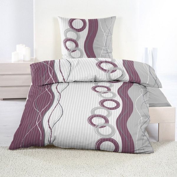 Casa Colori Bettwäsche Seersucker Bettwäsche Garnitur 135x200 RV Violett Weiss Kreismuster, Seersucker, 2 teilig, Seersucker 135x200 cm mit Reißverschluss Kreise Violett Grau