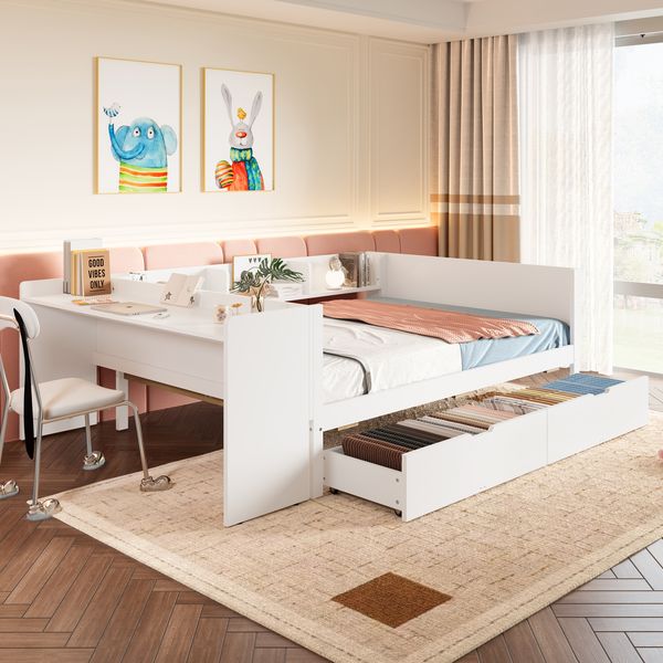 Flachbett, Holzbett, 140x200cm, mit Schreibtisch, ausgestattet mit 2 Schubladen, Doppelbett(Ohne Matratze), mit Regalen, Kiefer + Spanplatte, weiß