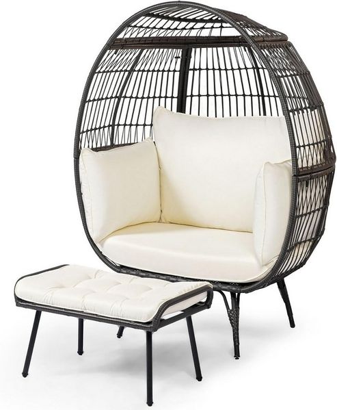 COSTWAY Gartensessel (2-St, mit Kissen und Hocker), Korbsessel Rattan mit Hocker, Kissen, 205kg
