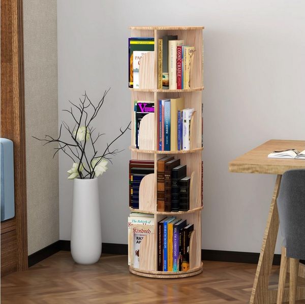 GarveeMore Bücherregal 360 Grad drehendes Bücherregal massives Holz stehendes Regalboden