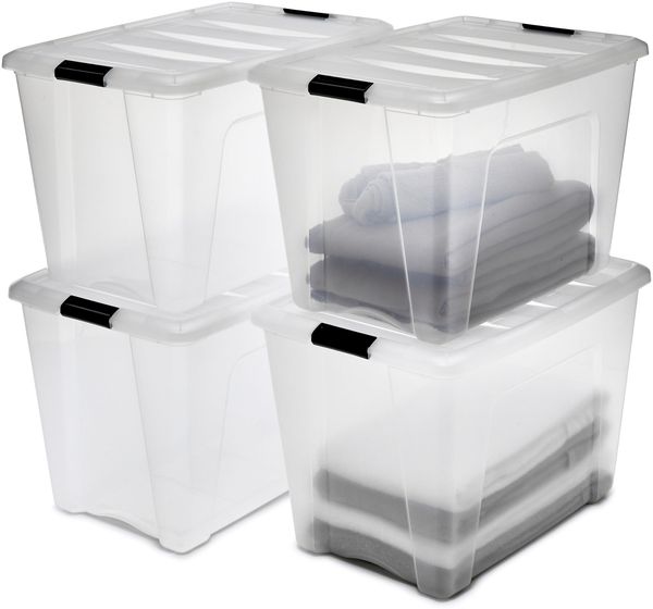 Iris Ohyama, Aufbewahrungsbox aus Kunststoff, 60 L, Büro-Aufbewahrungsbox, 4er-Set, DDNTB-60, Transparent, Stapelbar, Verschlussclips, B58 x T39,5 x H36,5 cm