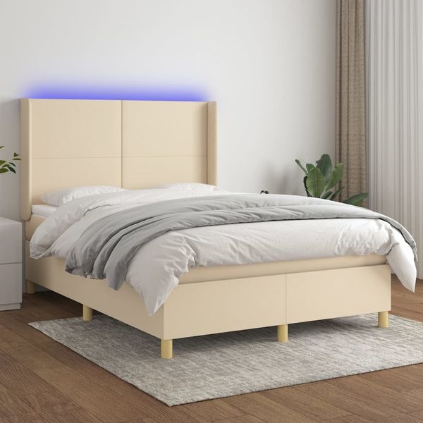 vidaXL Boxspringbett mit Matratze & LED Stoff Creme 140x200 cm, Härtegrad: H2 [3138722]