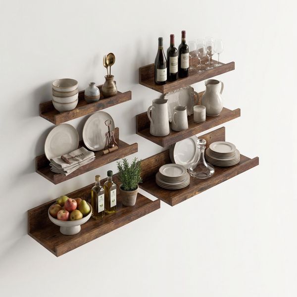 FurnitureR Bilderleiste Wandregal Set 6er Vintage Braun, Wandboard Holz Verschiedene Größen 27–40 cm, Schweberegal mit Schutzkante für Bilderrahmen, Wandregal Set für Wohnzimmer Schlafzimmer Küche
