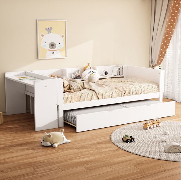 Bett 90x200 cm mit ausziehbarem Rollbett und Schreibtisch – seitliche Regale, weiß