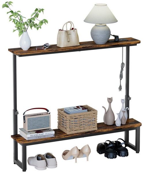 Yorbay Konsolentisch mit 2 Ablagen & integrierten Steckdosen,Höhenverstellbarer Sofatisch (100x18x63/88 cm), Kompakte Anrichte mit USB-Ports für Flur, Wohnzimmer, Büro