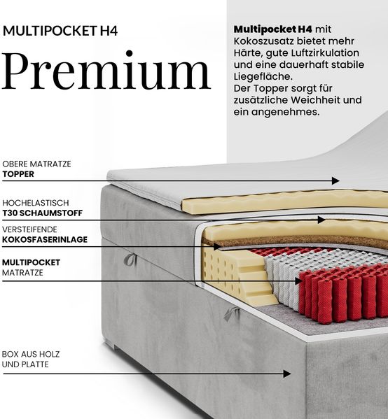 Polsterbett mit Bettkasten, Boxspringbett ohne Kopfteil WOOD ZERO, 7-Zonen Multipocket-Matratze und Topper, modernes Bett für Schlafzimmer - Dunkelbeige Strukture - 160 x 200 cm - H4 Bild 9
