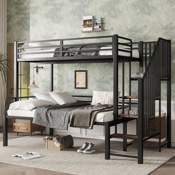 Merax Etagenbett 90x200cm & 120x200cm (Jugendbett Doppelbett Stockbett, 1-St), Metallbett Kinderbett mit Ecktreppe Ablageböden Schutzzaun Stauraum