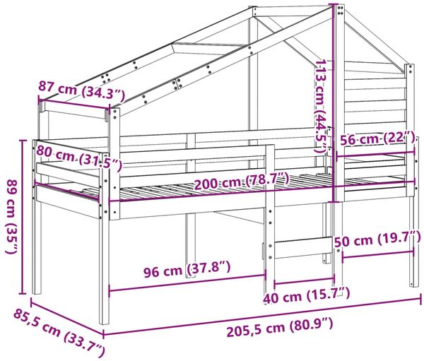 vidaXL Hochbett mit Dach Weiß 80x200 cm Massivholz Kiefer 3281975 Bild 12