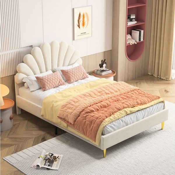 Furnishings Home Jugendbett Polsterbett Doppelbett Massivholzbett (Inklusive. Lattenrost), Blütenblattform Kopfteil, Samt, 140x200 cm