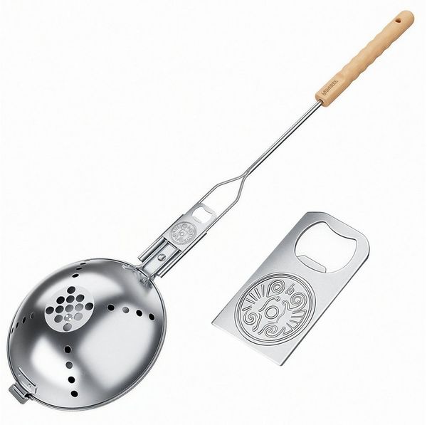Petromax Popcorn-Pfanne Popcornmaker Popcorn am Lagerfeuer + Flaschemöffner PCMAKER, Edelstahl (1-tlg), integrierte Siebsystem in der oberen Schale