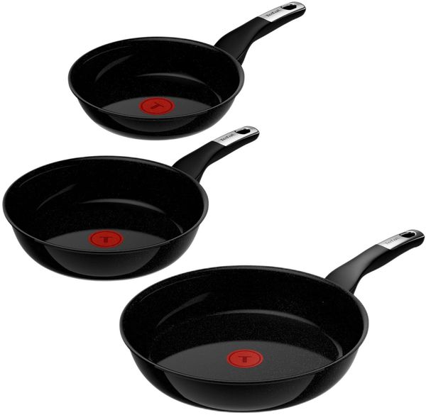 Tefal Explore On Keramik 3-tlg. Bratpfannen-Set 20/24/28 cm, leistungsstarke Antihaftkeramikversiegelung, induktionsgeeignet, Thermo-Signal Temperaturanzeiger, kratzfest, tiefe Form, Schwarz, G2149132