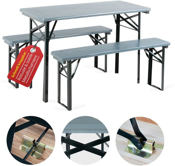 Stagecaptain Bierzeltgarnitur Stagecaptain Hirschgarten Bierzeltgarnitur für Balkon 117 cm Grau, (Stehtisch Holz, 3-tlg, 2 x Bank, 1 x Tisch), Sitzmöbelset für Balkon Outdoor & Indoor, klappbar