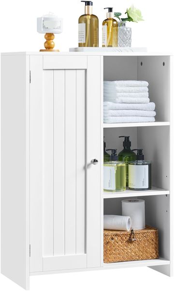 Yaheetech Badezimmerschrank, Freistehender Badschrank mit 1 Tür und 3 Offenen Ablagen, Kommode mit 1 Verstellbaren Einlegeboden, Aufbewahrungsschrank für Badezimmer Wohnzimmer Flur Küche (Weiß)