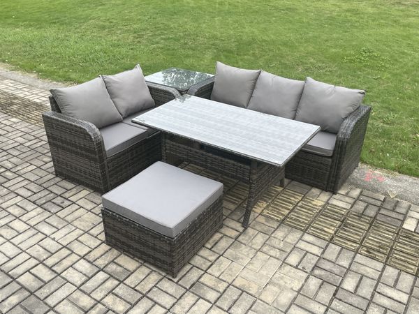 Fimous Terrassenmöbel Set Polyrattan Langer rechteckiger Esstisch und Lounge Sofa set mit Beistelltisch Großer Fußhocker Dunkelgrau gemischt