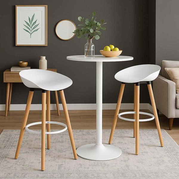 39F FURNITURE DREAM Set of 2 Nordic Design Bar Stools with Beech Wood Legs, White, 45 x 43.5 x 77.5 cm