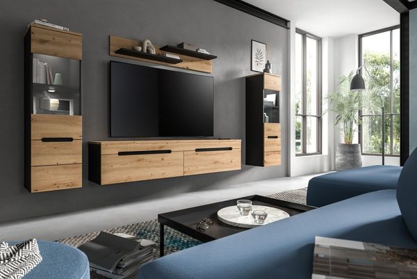 Home affaire Wohnwand REHAT, TOPSELLER!, 4-teilig, inkl. Beleuchtung, stehend oder hängend, (4-St, Set bestehend aus: 2x Vitrine inkl. Beleuchtung, Lowboard & Wandboard), Kombination, Anbauwand, Set, Wohn-Set, Wohnzimmer-Set, Schrankwand