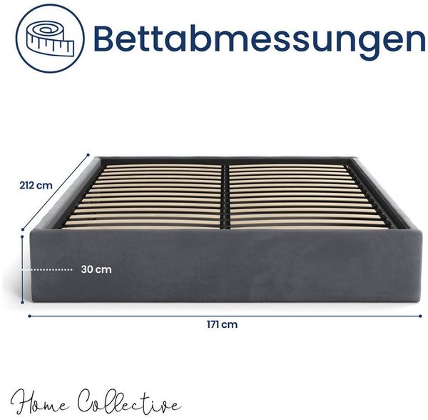 Home Collective Polsterbett Bett Doppelbett Bettgestell mit Lattenrost & Stauraum, platzsparend ohne Kopfteil, weiche Samtpolsterung, 160x200 cm graphit