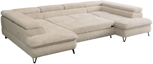 Ecksofa U-Form, mit Bettkasten, Bettfunktion und Einstellbare Kopfstützen, Sofa big XXL - PETER U - Creme Plüsch Bild 5