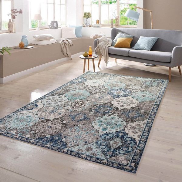 TeppichHome24 Teppich Orientteppich Outdoor Ornamente in grau blau, rechteckig