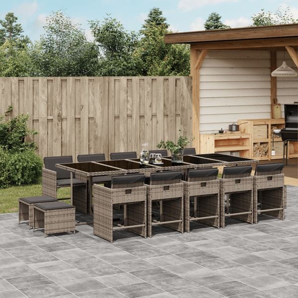 vidaXL 15-tlg. Garten-Essgruppe mit Kissen Grau Poly Rattan 3277939
