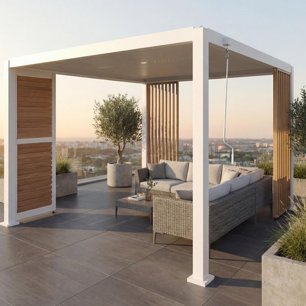 Pergola HWC-P65 mit 1x Lamellenwand und 2x Seitenwand, Lamellen-Pavillon, 10cm-Alu-Gestell 3x3m Holzoptik ~ weiß