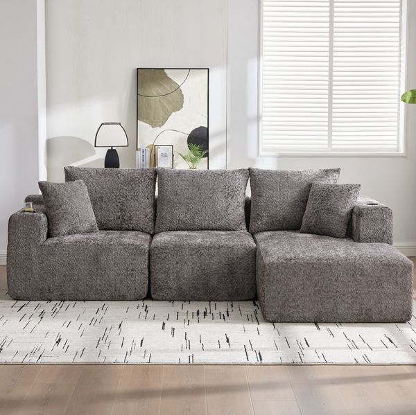 Ecksofa 80×261×165 cm in Dunkelgrau – modulares Sofa aus Chenille mit tiefer Sitzfläche, Memory-Schaum und Getränkehaltern