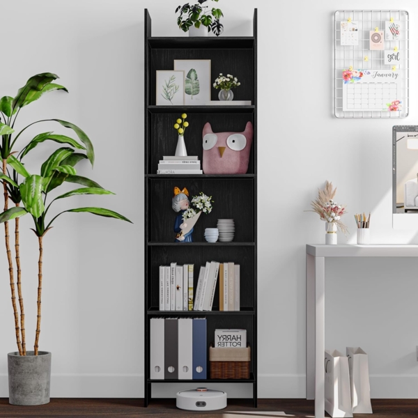 Bücherregal, Regal, Standregal, Büroregal, mit 6 Fächern, offen, für Wohnzimmer, Arbeitszimmer, Büro, als Raumteiler, 24 x 48 x 170 cm, Schwarz