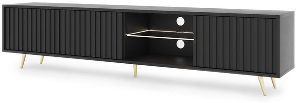 Selsey Bello - TV Lowboard Schwarz LED-Beleuchtung Lamellenfront goldene Füße 175cm breit
