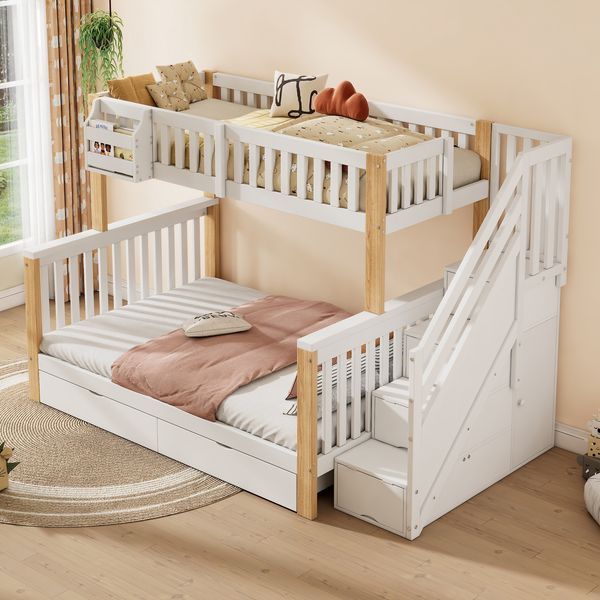Merax Kinder-Etagenbett, Doppelbett, multifunktionales Kinderbett mit Ablagekorb, mit Schublade, mit Treppenschrank, mit Ablageschrank, ohne Matratze, weiß + naturfarben