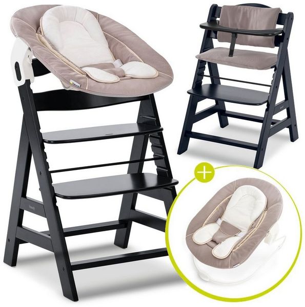 Hauck Hochstuhl Alpha Plus Black Newborn Set - Stretch Beige (Set), Holz Babystuhl ab Geburt inkl. Aufsatz für Neugeborene & Sitzauflage